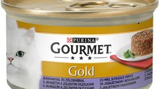 PURINA Gourmet Gold Savoury Cake, Miel cu Fasole verde, conservă hrană umedă pisici, (bucăți de carne), 85g