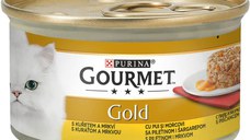 PURINA Gourmet Gold Savoury Cake, Pui cu Morcov, conservă hrană umedă pisici, (bucăți de carne), 85g