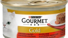 PURINA Gourmet Gold Savoury Cake, Vită cu Roșii, conservă hrană umedă pisici, (bucăți de carne), 85g