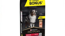 PURINA Pro Plan Sensitive Skin Adult M, Somon, hrană uscată câini, piele și blană, 14+2.5kg GRATUIT