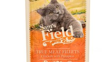 SAM'S FIELD True Meat Fillets, Pui și dovleac, plic hrană umedă fără cereale pisici, (în sos), 85g