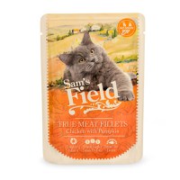 SAM'S FIELD True Meat Fillets, Pui și dovleac, plic hrană umedă fără cereale pisici, (în sos), 85g - 1