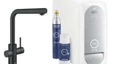 Baterie bucatarie Grohe Blue Home Duo cu dus extractibil pipa L sistem filtrare racire si carbonatare starter kit velvet black