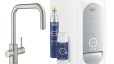 Baterie bucatarie Grohe Blue Home Duo cu dus extractibil pipa U sistem filtrare racire si carbonatare starter kit supersteel