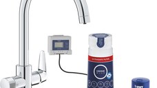 Baterie bucatarie Grohe Blue Pure BauCurve cu sistem filtrare Ultrasafe starter kit crom