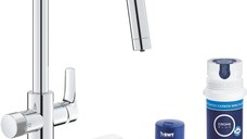 Baterie bucatarie Grohe Blue Pure Start cu pipa U sistem filtrare starter kit crom