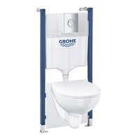 Set complet Grohe Solido 5-in-1 cu vas wc Bau Ceramic capac slim inchidere lenta rezervor incastrat cu cadru Grohe Fresh si clapeta Sail crom - 1