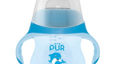 Biberon cu manere tip delfin, albastru, 230ml, PUR