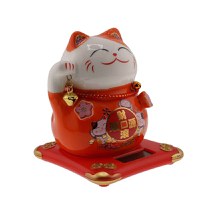 Pisica norocoasa maneki neko rosie pe suport solar 10cm - 3