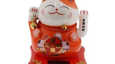 Pisica norocoasa maneki neko rosie pe suport solar 10cm