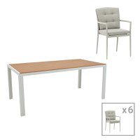 Set de 7 buc masa si scaune de gradina Nares-Moritz A aluminiu alb-gri si placaj in nuanta naturala 180x90x72.5 cm - 1