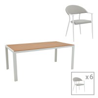 Set de 7 buc masa si scaune de gradina Nares-Pino B aluminiu alb si placaj in nuanta naturala 180x90x72.5 cm - 1