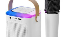 Boxa karaoke cu microfon wireless, difuzor portabil cu lumina RGB LED, alb